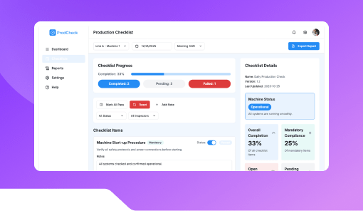 Production Checklist Dashboard.